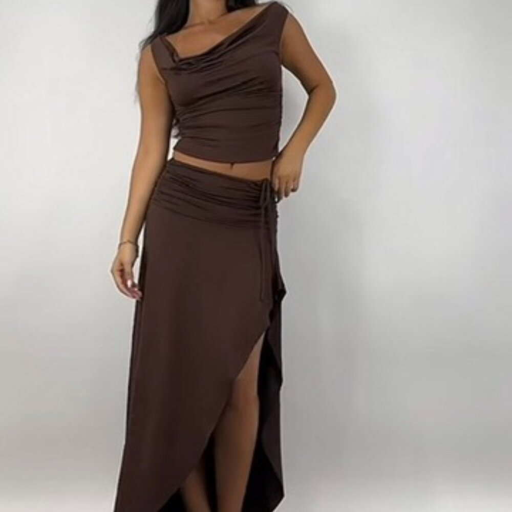 Brown Cowl Neck Slinky Tank and Asymmetrical Ruched Midi Skirt Set